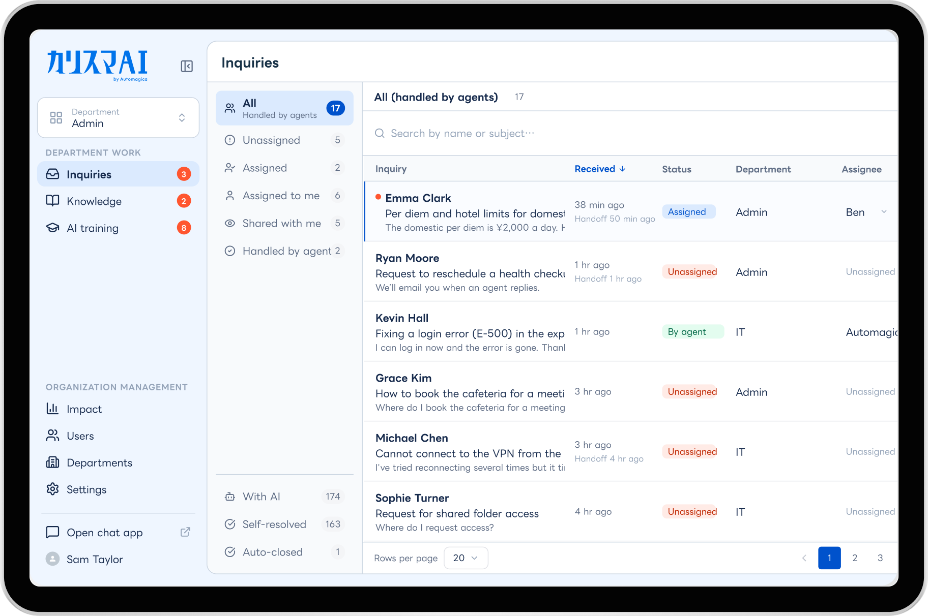 The Charisma AI agent view, listing inquiries with their status, department, and assignee